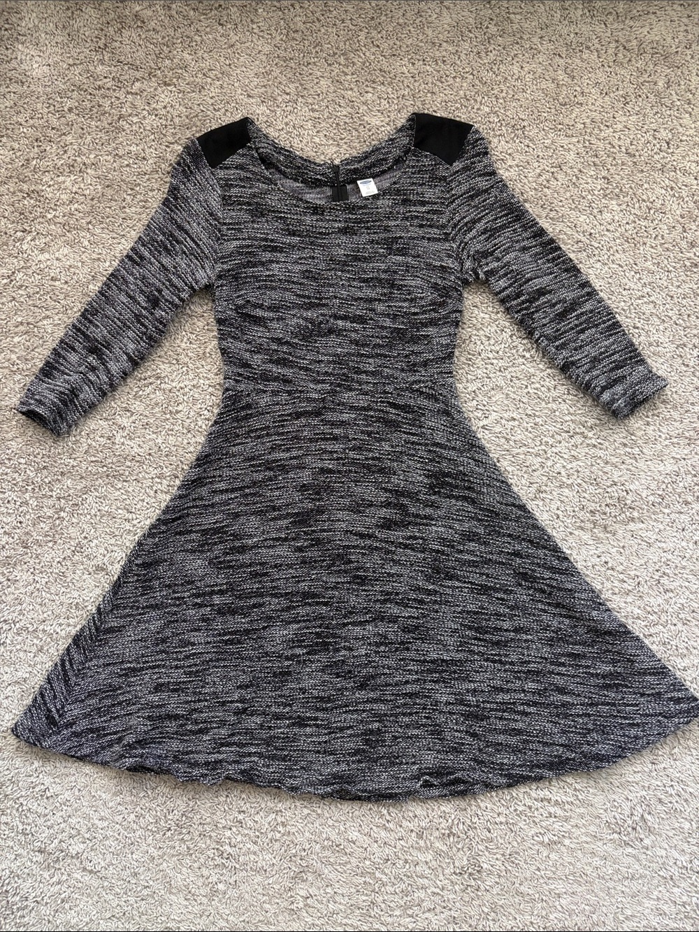 Girls Black & Gray Knit Fit-and-Flare Dress, 3/4 sleeve.